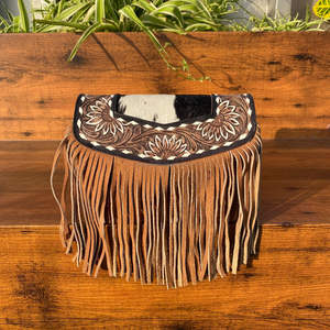 New Handcrafted <b>Tooled</b> & Tan Suede <b>Leather</b> Fringe Small Crossbody Bag for Women's Western Hair on Cowhide Floral Shoulder Purse - Product Image 3