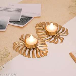 Ensemble de 2 bougeoirs en feuille de palmier dorée, support à bougie en métal, centre de table décoratif - Product Image 2