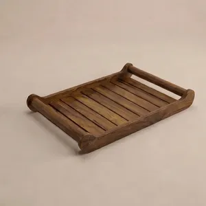 Bandeja Rectangular de Madera Hecha a Mano con Listones Horizontales, Rústica, Geométrica, Multifuncional, Decorativa, con Asa, para Decoración del Hogar - Product Image 1