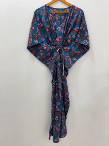 Hecho a mano de verano Floral Rosa algodón Kaftan Maxi vestido Casual hasta el suelo batas con cintura Natural para playa cubierta ropa de dormir - Product Image 6