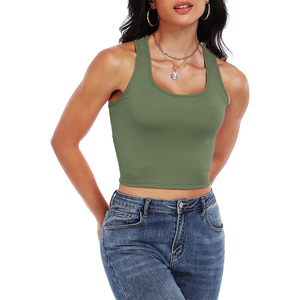 Ropa de Yoga sin costuras, camisetas sin mangas acanaladas para mujer, Color verde oliva, ropa deportiva para correr, ropa de calle, camiseta sin mangas de punto recortada - Product Image 4