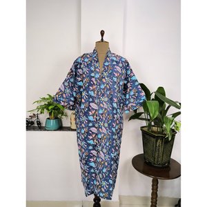 Bata de Casa Boho Estampada a Mano, Kimono de Algodón Puro Indio, Manta de Playa Rosa, Azul, Amarillo, Hoja, para Mamá y - Product Image 6