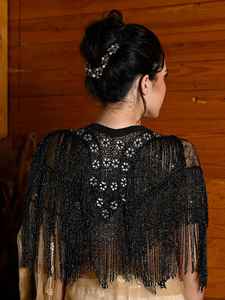 Black Beaded <b>Tassel</b> Embellished Cap Sleeve Women's Cape Empire Silhouette Party Style Dry Cleaning 100% Polyester Fashion - Product Image 3