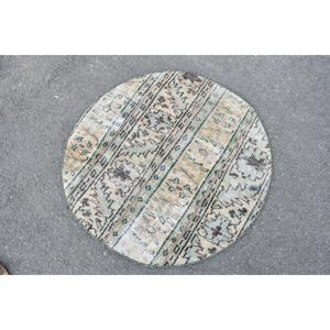 Alfombra Turca Vintage, Redonda de 3x3 pies, Alfombra de Lana con Estampado Animal Verde Marrón - Product Image 2