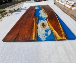 Mesa de Comedor Rectangular de Resina Epoxi Hecha a Mano de Lujo para Sala de Estar, Moderna, Impermeable, con Cubierta de Madera de Acacia, Personalizable, Regalo de Boda - Product Image 1