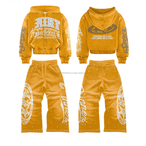 Ensemble de survêtement unisexe personnalisé avec sweat à capuche zippé et pantalon de jogging, coupe ample, effet vieilli, délavé à l'acide, évasé, imprimé, éco-responsable - Product Image 6