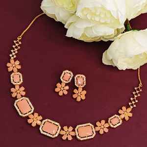 Conjunto de joyería India chapado en oro Floral Rhinestone CZ cristal nupcial boda colgante pendiente joyería para mujer, Color melocotón - Product Image 2