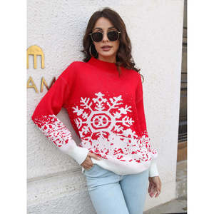Maglione Casual da Donna con Motivo a Fiocchi di Neve, Collo Alto, Traspirante, in Maglia di Seta con Logo Frontale e Stampa Ricamata per l'Inverno - Product Image 1