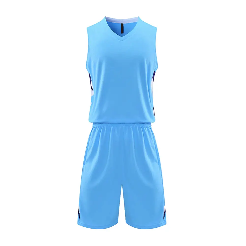 Basketball Uniform Himmelblau Farbe Professional Team Wear Shirt Mit Kurzem V-Ausschnitt Ärmelloses Basketball Uniform Set