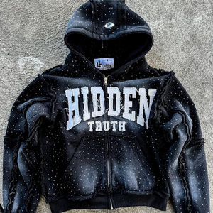 เสื้อฮู้ดผ้าเฟรนช์เทอร์รี่สำหรับผู้ชายผ้าฝ้ายแท้ปักลายด้วยพลอยเทียมทรงหลวมสไตล์บ็อกซี่สไตล์วินเทจ - Product Image 4