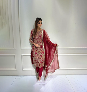 Eid Ramzan Salwar Kameez rouge spécial, robe pantalon traditionnelle, robe droite Georgette du pakistan, sur mesure - Product Image 2