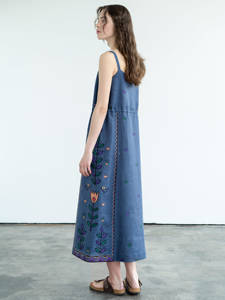 เดรสผ้าคอตตอนสำหรับผู้หญิง,ชุดกระโปรงเข้ารูปคอกลมแขนกุดปักลาย - Product Image 5