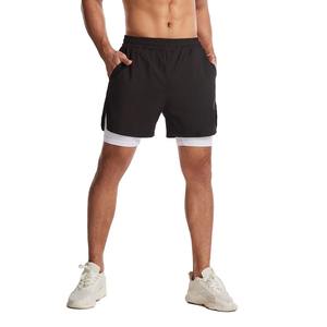 Gran oferta, pantalones cortos de entrenamiento de gimnasio de doble capa personalizados para hombres, LICRA de secado rápido con bolsillo oculto, patrón sólido, estilo informal - Product Image 4
