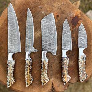 Ensemble de 5 couteaux de cuisine avec couteau de boucher, hachoir, couteau à fileter, couteau à désosser, fabriqué en acier Damas et en pin blanc - Product Image 3