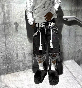 Jorts en jean à imprimé personnalisé Rhinestone cristal Baggy vintage Jumbo anneaux de serrage double taille pour hommes Shorts en jean pour hommes - Product Image 3