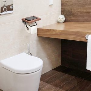 Porte-papier toilette en bois, porte-papier en bois de noyer avec étagère pour téléphone, porte-papier toilette avec étagère 180 mm*130 mm - Product Image 6