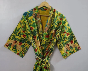 Abrigo de algodón puro acolchado estilo Kantha indio hecho a mano para mujer, Kimono térmico cómodo para la noche, tamaño libre para el verano - Product Image 1