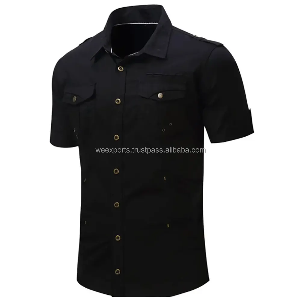 New Men Short Sleeve Cotton Shirts Casual Cargo Work Shirts with Pocket Stylish Shirts