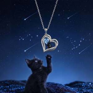 Jeulia Custom Birthstone Engraved Black <b>Cat</b> Heart <b>Necklace</b> with Zircon - Product Image 2