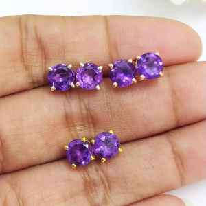Natural Amethyst Stud Earrings 925 Sterling Silver 14K Gold Plated Cute February Birthstone Simple Everyday Jewelry Anniversary - Product Image 5