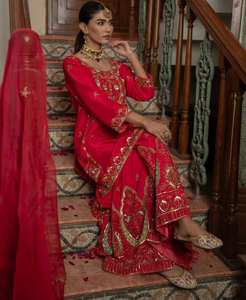 Indien pakistanais rouge mariage porter prêt à l'emploi lourd broderie travail haute qualité Premium Designer Sharara Salwar costume Dupatta ensemble - Product Image 4
