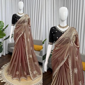 Sari VASTRA COTTAGE Fendy de seda con bordado de hilo, diseño de diseñador, para fiestas, bodas, sari étnico con blusa de seda mono benglori - Product Image 6