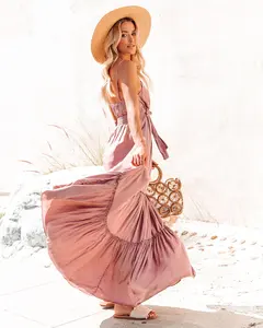 Summer Vibes Rayon Tie-Dye Ropa de mujer Vestido largo sin espalda Diseñador Cuello Maxi Vestido sin mangas Ropa de playa Vestido largo con volantes - Product Image 5