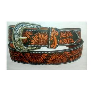 Ceintures en cuir marron foncé unisexes très vendues Ceintures à perles usinées florales Boucles fantaisie Fabricants de chevaux durables personnalisés - Product Image 1