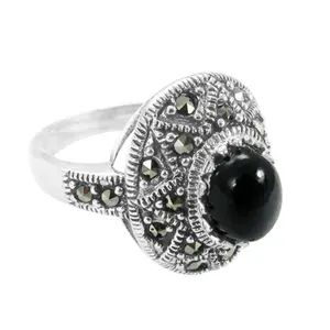 925 <b>Silver</b> Onyx Marcasite <b>Ring</b> for Women Fashionable Vintage <b>Statement</b> Jewelry WithResizable Gemstone Brass Material - Product Image 1