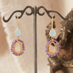 Dos tonos Aqua Blue y amatista con cuentas gota 18K chapado en oro en plata de ley 925 febrero Birthstone púrpura pendientes con cuentas - Product Image 1