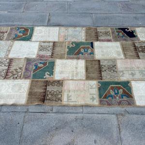 Alfombra Turca de 3.6x7.1 pies, Alfombra Vintage, Alfombra Abstracta Marrón y Azul - Product Image 4