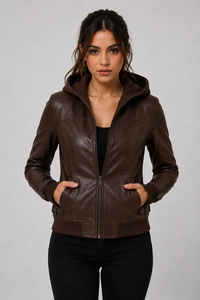 Blouson Bomber de Luxe pour Femme en Cuir Espresso avec Capuche en Polaire, Coupe Sculptée, Fermeture Éclair Intégrale, Poignets et Ourlet Côtelés, Poches Latérales, Style Streetwear - Product Image 4