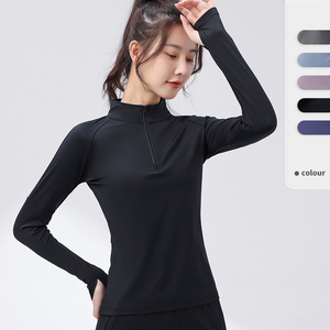 Alta calidad 180gsm 85% poliéster 15% Spandex Quarter Zip Thumb Loops Curvy Hem manga larga Active Tops Yoga Gym Shirt para mujeres - Product Image 2