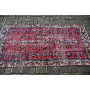Vintage Rug, 3.3x6.3 ft Turkish Rug, <b>Red</b> Blue Polka dot <b>Wool</b> Rug - Product Image 3