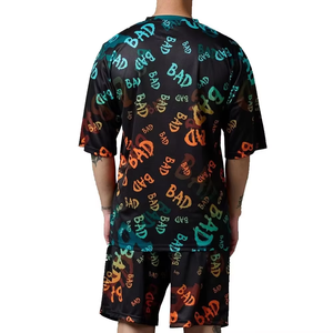 Men's Black Sublimation Printed <b>BAD</b> Letter Pattern Quick Dry Polyester Casual Summer Shorts Set Crew Neck Knitted Fabric - Product Image 3