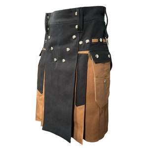 Kilt utilitaire en denim durable bicolore noir et caramel pour hommes, poches cargo, boucle et fermeture à bouton - Product Image 2