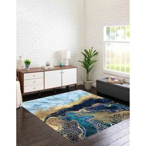 พรมหินอ่อนสีฟ้าและสีทองนามธรรม: พรมเน้นทันสมัยพรมบางใยสังเคราะห์ - Product Image 5