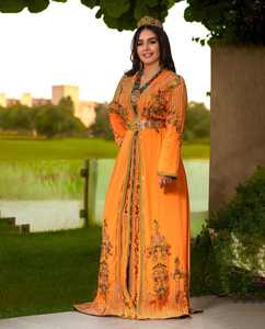 Caftán marroquí naranja y verde oliva hecho a mano para niñas árabes mujer vestido completo personalizado caftán - Product Image 6