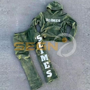 Personalizado lavado ácido pantalla impresa 100% algodón pesado de gran tamaño holgado pantalón Sudadera con capucha Zip up Sun faded Sweat suit Sets - Product Image 6