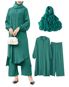 Robe Abayas pour femmes Robe musulmane Kaftan islamique Ensemble de 3 pièces Chemises boutonnées à manches longues Pantalons Hijab Tenues - Product Image 1