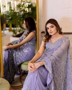 ชุดส่าหรีผ้าไหมผ้าจอร์เจียแบบดั้งเดิมพร้อมการปักด้วยผ้าไหมแท้สำหรับงานแต่งงานและปาร์ตี้-หมายเลขรุ่นแฟนซี - Product Image 5