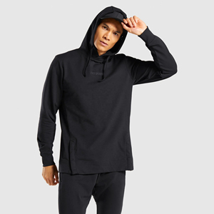 Sweat-shirt à capuche pour hommes personnalisé de couleur unie noir à fente latérale épaule tombante pull à manches longues poche avant hiver imprimé - Product Image 5