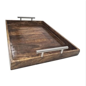 Bandeja grande de madera de mango ecológica con mango cromado metálico moderno para servir y organizar hogares - Product Image 2