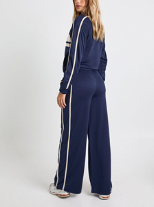 Wholesale 100% Cotton women's <b>tracksuit</b> <b>Winter</b> Wear Oversize zipper Hoodie & flared trouser with side strips ladies 2 piece set - Product Image 2