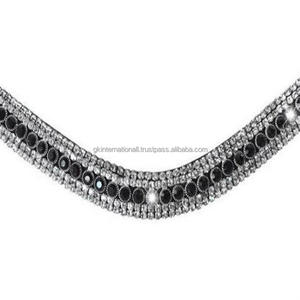 100% Banda de cuero genuino para cejas de caballo Cuero de grano negro con cadena de cristal blanco y negro de 5 filas - Product Image 6