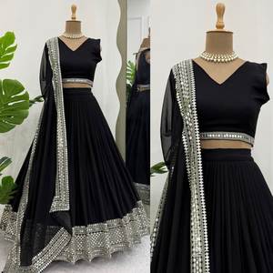 Lehenga Choli noir élégant avec bordure en miroir, tenue de soirée décontractée, réversible, toutes saisons, en gros à prix réduit - Product Image 4