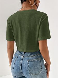 Camiseta Corta Personalizada con Logotipo para Mujer, Venta al por Mayor, Camiseta Corta Informal de Manga Corta para Mujer, Moda de Verano, Ropa Urbana, Algodón Suave, Corte Ajustado - Product Image 5