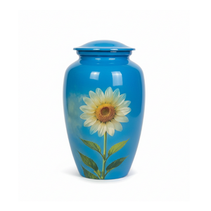 Urna Funeraria para Adultos Estilo Europeo Color Azul Cielo con Diseño de Girasol, Acabado Pulido, Metal/Aluminio Ecológico, Hecho a Mano en India - Product Image 1