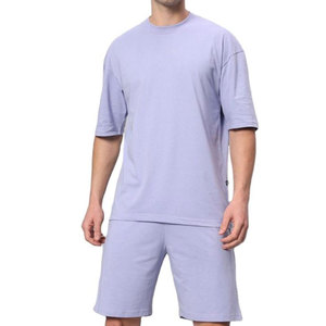 Ensemble T-shirt et short pour homme, couleur unie, respirant, tendance été, 100% coton, style streetwear - Product Image 1