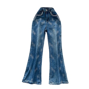 Jeans évasés pour femmes taille haute, détail en strass, denim, fermeture éclair, coupe régulière, pantalon décontracté - Product Image 4